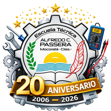 Logo del 20.º aniversario de la Escuela Técnica Alfredo Carlos Passera